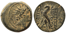 SELEUKID KINGS of SYRIA. Antiochos VIII Epiphanes (Grypos), 121/0-97/6 BC. Ae (bronze, 6.50 g, 19 mm), Antioch on the Orontes. Diademed and radiate he...