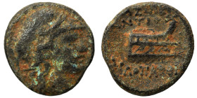 SELEUKID KINGS of SYRIA. Antiochos IX Eusebes Philopator (Kyzikenos), 114/3-95 BC. Ae (bronze, 1.91 g, 14 mm), uncertain mint. Helmeted head of Athena...