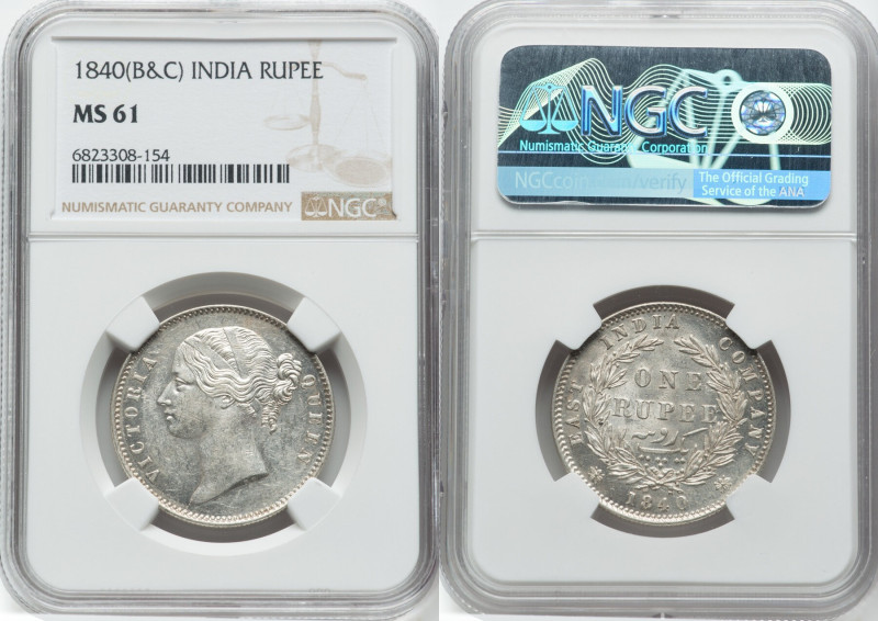 British India. Victoria Rupee 1840-(b & c) MS61 NGC, Bombay & Calcutta mint, KM4...