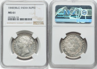 British India. Victoria Rupee 1840-(b & c) MS61 NGC, Bombay & Calcutta mint, KM458.2, S&W-3.33. 28 Berries, W.W. raised, large diamonds. HID0980124201...