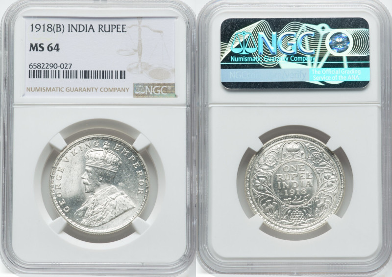 British India. George V 4-Piece Lot of Certified Rupees NGC, 1) Rupee 1918-(b) M...