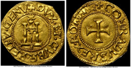 Genoa. Republic Biennial Doges gold Scudo d'Oro ND (1541-1555) AU58 NGC, Fr-412. CONRADVS REX ROMACG Cross within beaded circle / DVX ET GVBER REIPV G...