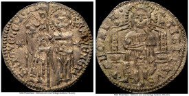 Venice. Antonio Venier Grosso ND (1382-1400) AU53 NGC, Paolucci-3. ANTO • VENERIO DVX S M VENET St. Mark and Doge stg facing with banner between / TIB...