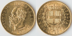 Vittorio Emanuele II gold 20 Lire 1862 T-BN UNC, Turin mint, KM10.1. 21.2mm. 6.46gm. HID09801242017 © 2023 Heritage Auctions | All Rights Reserved