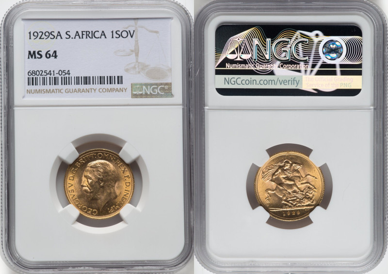 George V gold Sovereign 1929-SA MS64 NGC, Pretoria mint, KM-A22, S-4005. HID0980...