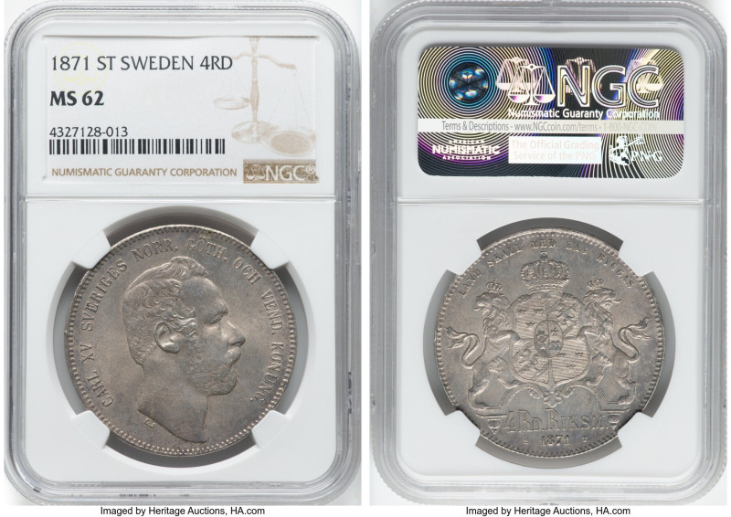 Carl XV 4 Riksdaler Riksmynt 1871-ST MS62 NGC, Stockholm mint, KM726, Dav-356. H...