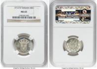 Gustaf V 50 Ore 1914-W MS65 NGC, Stockholm mint, KM788. One of the lower mintages of type and scarce in mint state, this example dressed in a creamy p...