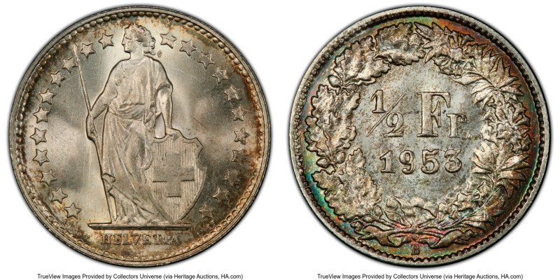 Confederation 1/2 Franc 1953-B MS68 PCGS, Bern mint, KM23. Tied for the finest g...