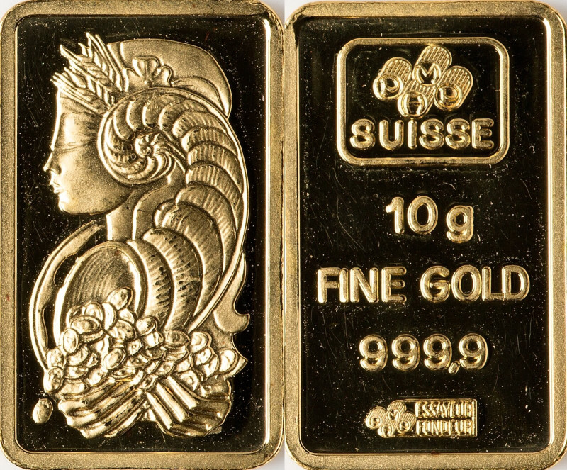 PAMP Suisse "Fortuna" gold Bar (10 gm) UNC, 15.4x25.5mm, 10.00gm. 999.9 Fine. No...