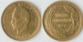 Republic gold 100 Kurush 1923 year 23 (1946) XF, Ankara mint, KM854, Fr-215. 22mm. 7.20gm. HID09801242017 © 2023 Heritage Auctions | All Rights Reserv...