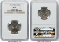 Republic Pair of Certified Multiple Centesimos 1924-(p) NGC, 1) 5 Centesimos 1924-(p) MS67, Poissy mint, KM21 2) 2 Centesimos 1924-(p) MS66, Poissy mi...