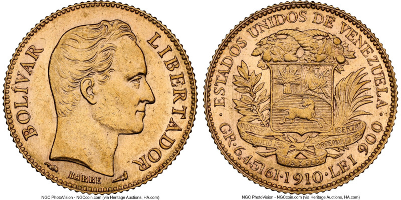 Republic gold 20 Bolivares 1910 AU58 NGC, Paris mint, KM-Y32, Fr-5c. HID09801242...