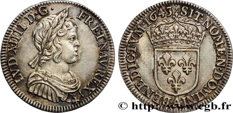 LOUIS XIV "THE SUN KING"
Type : Quart d'écu à la mèche courte 
Date : 1643 
Mint...