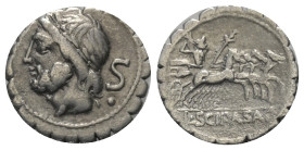 L. Cornelius Scipio Asiaticus.

 Denar (Silber). 106 v. Chr. Rom.
Vs: Kopf des Jupiter mit Lorbeerkranz links. Dahinter Kontrollmarke.
Rs: L SCIP ...