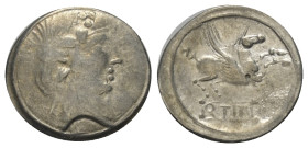 Q. Titius.

 Denar (Silber). 90 v. Chr. Rom.
Vs: Kopf des Bacchus (Liber) mit Efeukranz rechts.
Rs: Pegasus nach rechts springend, darunter Basis ...