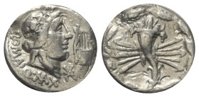 Q. Fabius Maximus (?).

 Denar (Silber). 82 - 80 v. Chr. Rom.
Vs: ROMA Q MAX. Kopf des Apollo mit Lorbeerkranz rechts, davor Lyra und Stern.
Rs: F...