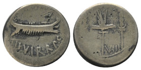 Marcus Antonius.

 Denar (Silber). 32 - 31 v. Chr. Patrae.
Vs: ANT AVG / III VIR R P C. Galeere mit Thyrsus am Bug nach rechts.
Rs: LEG - VIII. Le...
