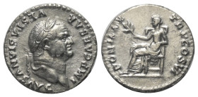 Vespasianus (69 - 79 n. Chr.).

 Denar (Silber). 75 n. Chr. Rom.
Vs: IMP CAESAR VESPASIANVS AVG. Kopf mit Lorbeerkranz rechts.
Rs: PON MAX TR P CO...