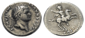 Domitianus (81 - 96 n. Chr.).

 Denar (Silber). 77 - 78 n. Chr. (unter Vespasian). Rom.
Vs: CAESAR AVG F DOMITIANVS. Büste mit Lorbeerkranz rechts....