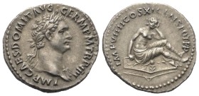 Domitianus (81 - 96 n. Chr.).

Denar (Silber). 85 n. Chr. Rom.
Vs: IMP CAES DOMIT AVG GERM P M TR P IIII. Kopf mit Lorbeerkranz und Ägis rechts.
R...