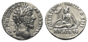 Marcus Aurelius (161 - 180 n. Chr.).

 Denar (Silber). 164 n. Chr. Rom.
Vs: ANTONINVS AVG - ARMENIACVS. Kopf mit Lorbeerkranz rechts.
Rs: P M TR P...