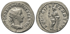Gordianus III. (238 - 244 n. Chr.).

 Antoninian (Silber). 243 - 244 n. Chr. Rom.
Vs: IMP GORDIANVS PIVS FEL AVG. Büste mit Strahlenkrone, Paludame...