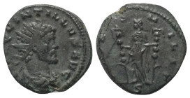 Quintillus ( 270 n. Chr.).

 Antoninian (Bronze). 270 n. Chr. Mediolanum.
Vs: IMP QVINTILLVS AVG. Kopf mit Strahlenkrone, Paludament und Panzer rec...