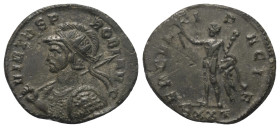 Probus (276 - 282 n. Chr.).

 Antoninian (Kupfer). Ticinum.
Vs: VIRTVS PROBI AVG. Behelmte Büste mit Strahlenkrone nach links, in der Rechten gesch...