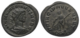 Numerianus (283 - 284 n. Chr.).

 Antoninian (Kupfer). 283 - 284 n. Chr. Ticinum.
Vs: M AVR NVMERIANVS NOB C. Büste mit Strahlenkrone, Paludament u...