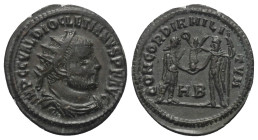 Diocletianus (284 - 305 n. Chr.).

 Antoninian (Kupfer). 295 - 296 n. Chr. Heraclea.
Vs: IMP C C VAL DIOCLETIANVS P F AVG. Drapierte, gepanzerte Bü...