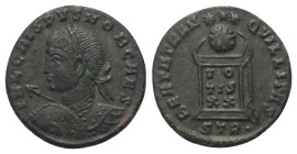 Crispus (Caesar 317 - 326 n. Chr.).

 Follis (Bronze). 321 n. Chr. Trier.
IVL CRISPVS NOB CAES. Büste mit Lorbeerkranz, Panzer, Lanze und Schild li...