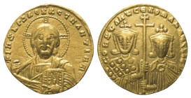 Constantinus VII. Porphyrogenitus und Romanus II. (946 - 959 n. Chr.).

 Solidus (Gold). Ca. 945 n. Chr. Constantinopolis.
Vs: +IhS XPS REX REGNANT...