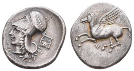 Antike Griechen
Akarnanien Anaktorion, Stater (8,29g), 350-300 v. Chr. Av: Pegasos nach links. Rev: Athenakopf mit korinthischem Helm nach links. Cal...