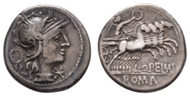 Antike Römer
Münzen Römische Republik L. Opimius, Denar (3,83g), 131 v. Chr., Rom. Av: Romakopf mit Flügelhelm nach rechts, davor Wertzeichen, dahint...