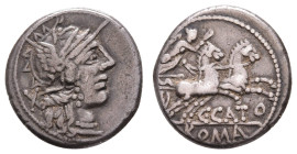 Antike Römer
Münzen Römische Republik C. Porcius Cato, Denar (3,87g), 123 v. Chr., Rom. Av: Romakopf mit Flügelhelm nach rechts, dahinter Wertzeichen...