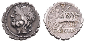 Antike Römer
Münzen Römische Republik L. Cornelius Scipio Asiaticus, Serratus (3,91g), 106 v. Chr., Rom. Av: Jupiterkopf nach links. Rev: Jupiter mit...