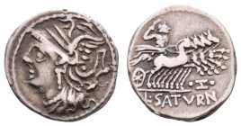Antike Römer
Münzen Römische Republik L. Appuleius Saturninus, Denar (3,79g), 104 v. Chr., Rom. Av: Romakopf mit Flügelhelm nach links. Rev: Saturn m...