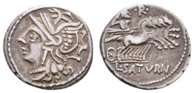 Antike Römer
Münzen Römische Republik L. Appuleius Saturninus, Denar (3,85g), 104 v. Chr., Rom. Av: Romakopf mit Flügelhelm nach links. Rev: Saturn m...