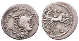 Antike Römer
Münzen Römische Republik Marcus Lucilius Rufus, Denar (3,79g), 101 v. Chr., Rom. Av: Romakopf mit Flügelhelm nach rechts, dahinter "PV"....