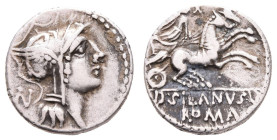 Antike Römer
Münzen Römische Republik D. Iunius Silanus L. f., Denar (3,89g), 91 v. Chr., Rom. Av: Romakopf mit Flügelhelm nach rechts, dahinter Kont...