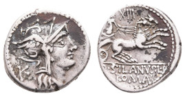 Antike Römer
Münzen Römische Republik D. Iunius Silanus L. f., Denar (3,82g), 91 v. Chr., Rom. Av: Romakopf mit Flügelhelm nach rechts, dahinter Kont...