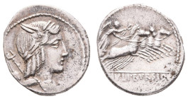 Antike Römer
Münzen Römische Republik L. Julius Bursio, Denar (3,98g), 85 v. Chr., Rom. Av: Büste des Apollo nach rechts, dahinter Dreizack und Blume...