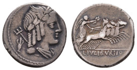 Antike Römer
Münzen Römische Republik L. Julius Bursio, Denar (3,77g), 85 v. Chr., Rom. Av: Büste des Apollo nach rechts, dahinter Dreizack und Blume...