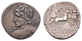 Antike Römer
Münzen Römische Republik C. Licinius L. f. Macer, Denar (3,89g), 84 v. Chr., Rom. Av: Apollobüste mit Blitzbündel in Rückenansicht nach ...