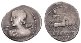 Antike Römer
Münzen Römische Republik C. Licinius L. f. Macer, Denar (4,08g), 84 v. Chr., Rom. Av: Apollobüste mit Blitzbündel in Rückenansicht nach ...