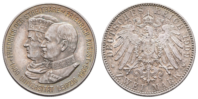 Silbermünzen des Kaiserreichs Sachsen
 2 Mark, 1909, Friedrich August III., Uni...