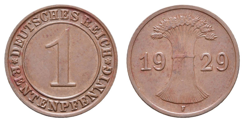 Münzen Weimar
 1 Rentenpfennig, 1929, F, vz+. Stempelkopplung der Vorderseite J...