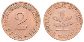 Bundesrepublik Deutschland
 2 Pfennig, 1967, G, Kupfer plattierte Eisenronde, vz. J. 381a. Mit Gutachten Guy Franquinet.