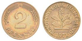 Bundesrepublik Deutschland
 2 Pfennig, 1971, D, geprägt auf einer 5 Pfennig Ronde (Dm. 19,1mm, 3,01g), vz. J. 381a