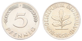 Bundesrepublik Deutschland
 5 Pfennig (4,06g), 1950, F, Silberabschlag, kl. Kratzer, f. St. J. 382 Anm.